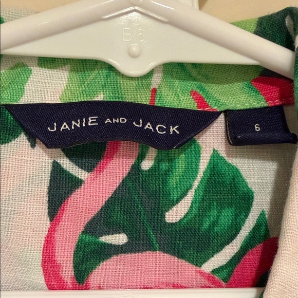 🦩BOYS Janie and Jack Flamingo Tropical Button-Down Shirt | Size 6 | Linen Blend - Picture 2 of 6